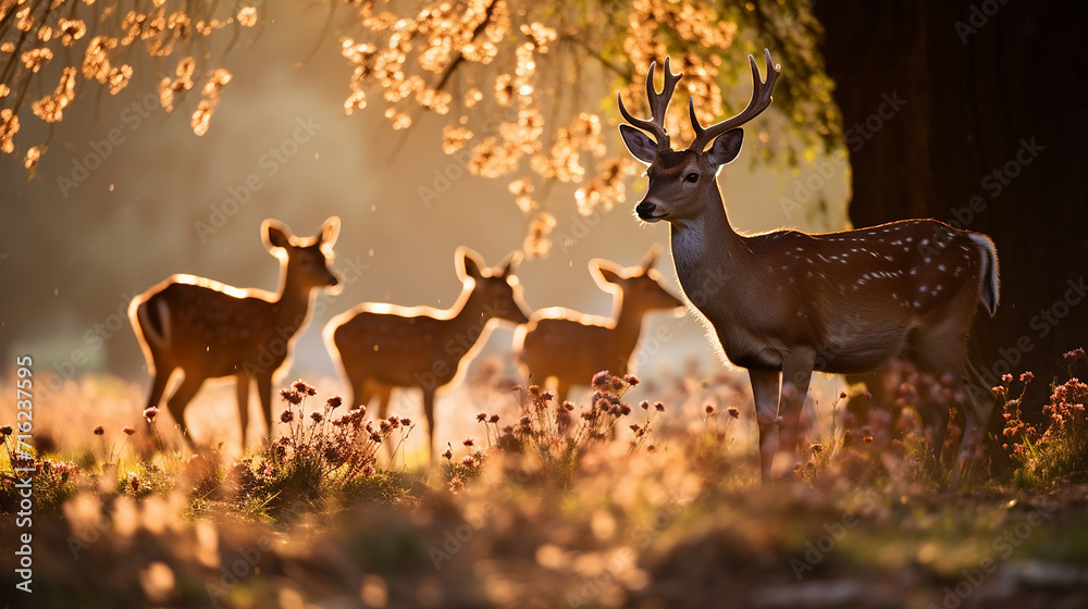 Naklejka premium a_group_of_deer_grazing_in_a_sunlit_meadow_no_text_eye