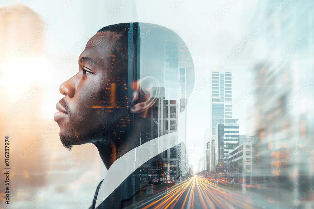 American African Businessman handsome, double exposure with modern city road