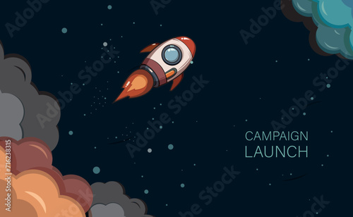 Rocket ship flies up with sky color clouds background. Flat icon. Vector illustration with flying shuttle. Space travel. Space rocket launch. New project start up concept. Creative idea.