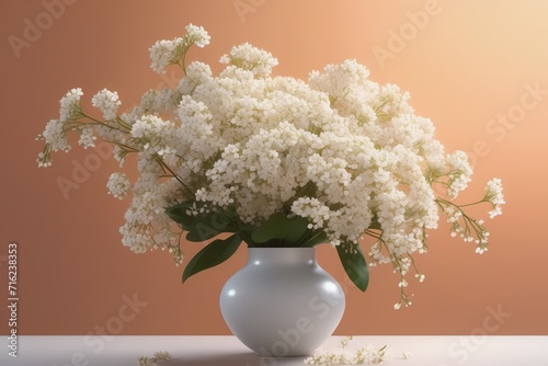 Beautiful white flowers in white ceramic vase on peach color background wallpaper