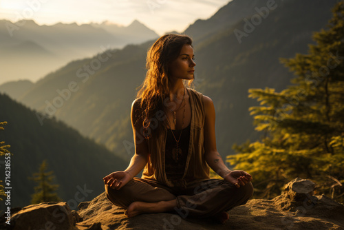 A girl meditates outdoors against the background of mountains. Total relaxation concept