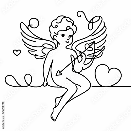 Continuous one line drawing of cupid, valentine's day in simple linear style. Doodle outline vector illustration