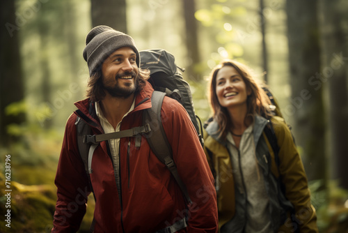 Happy couple hiking in the forest with backpacks. Travel and adventure concept. © An
