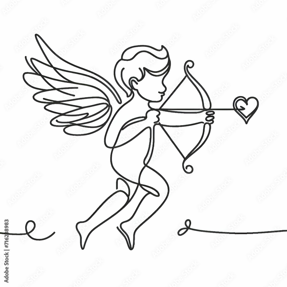 Fototapeta premium Continuous one line drawing of cupid, valentine's day in simple linear style. Doodle outline vector illustration