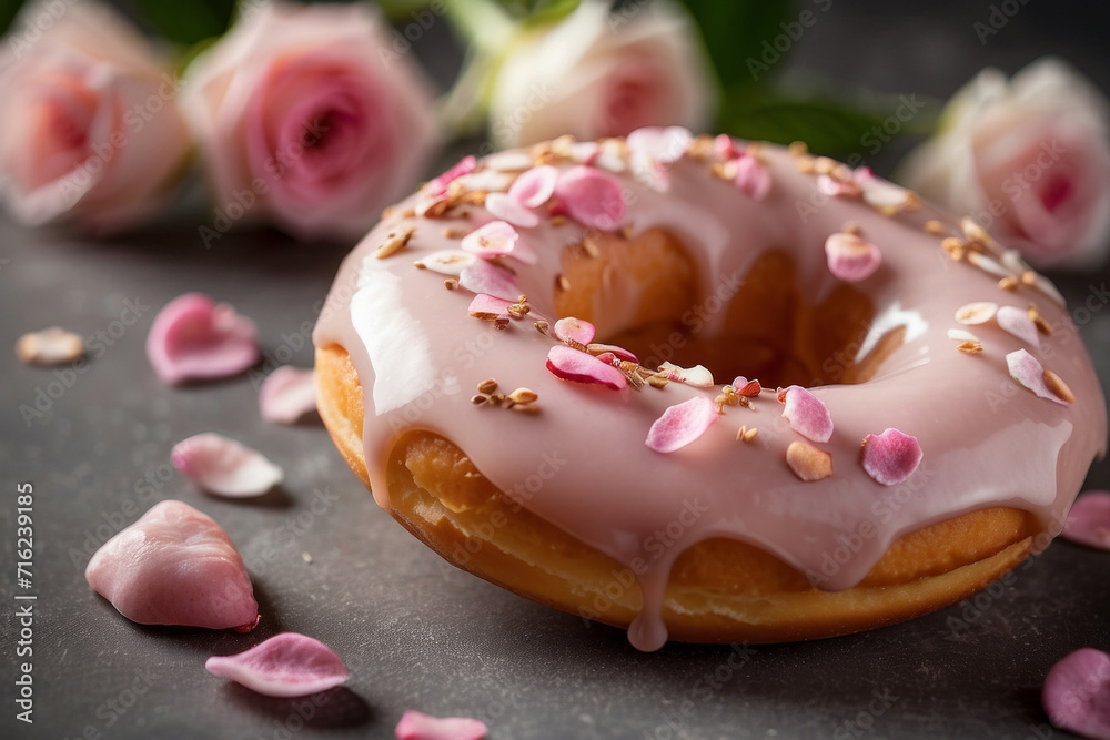 Pink glazed donuts for Valentine's Day, Mothers Day or Birthday, generative ai. Pink glazed donuts for Valentine's Day, Mothers Day or Birthday, generative ai.