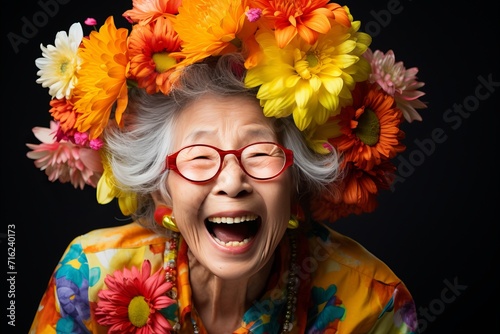 Happy elderly woman smiling in the midst of lush, blooming flowers against a dark background