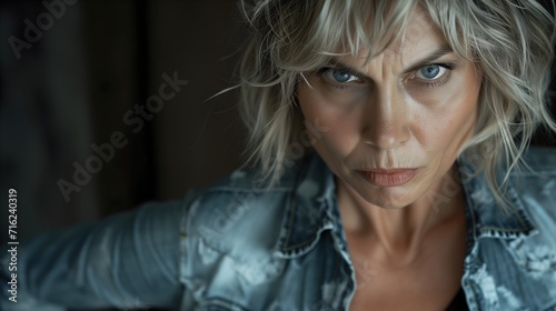 Portrait of stern woman with a steely gaze wearing a distressed denim jacket photo