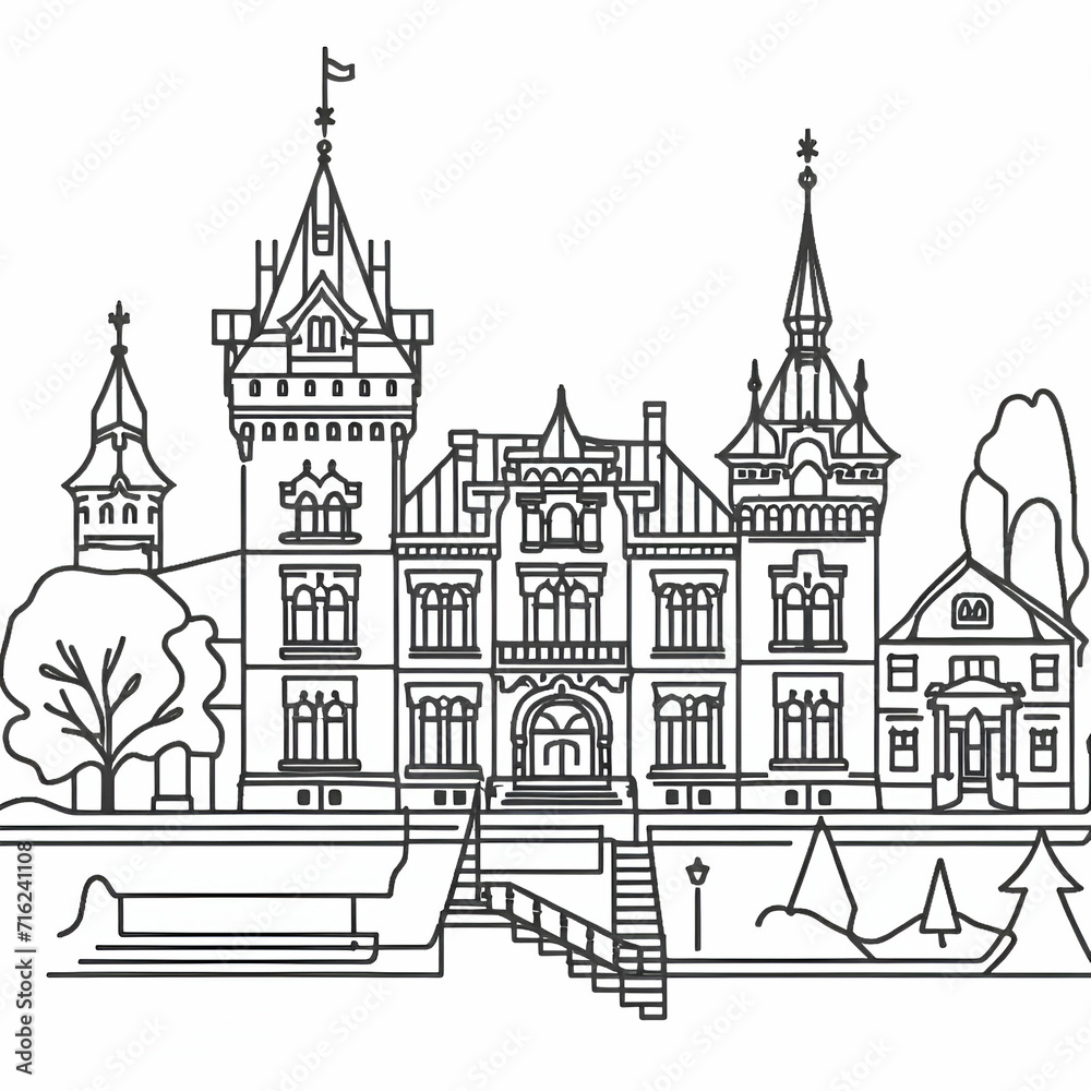 Continuous one line drawing of old residence and castle. Serbian landmarks Vladicanski dvor in Novi Sad city in simple linear style. Editable stroke. Doodle vector illustration