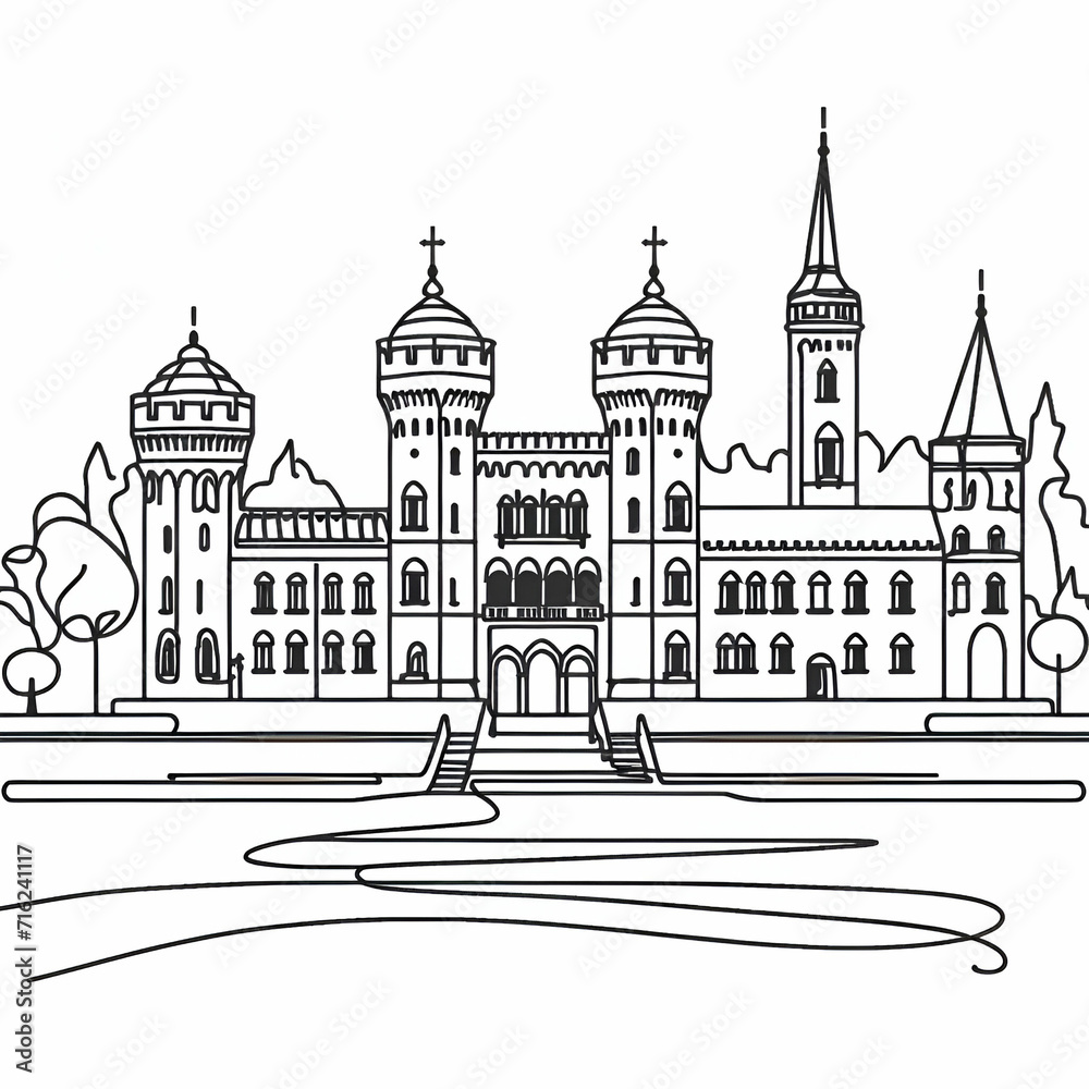 Continuous one line drawing of old residence and castle. Serbian landmarks Vladicanski dvor in Novi Sad city in simple linear style. Editable stroke. Doodle vector illustration
