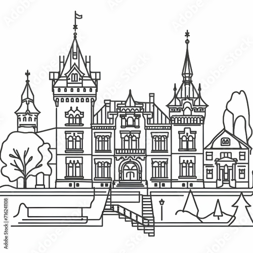 Continuous one line drawing of old residence and castle. Serbian landmarks Vladicanski dvor in Novi Sad city in simple linear style. Editable stroke. Doodle vector illustration © Mariana