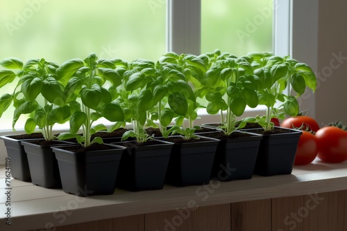 Green baby basil plant grow up in kitchen window
