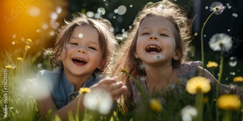 Joyful childhood moments captured amidst dandelions and sunshine. laughter and play in the golden hour light. AI