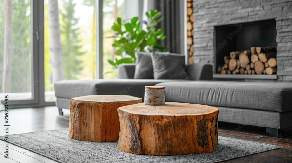 Close-up of a coffee table with two tree stumps near a gray sofa beside a window and fireplace. Close-up of a coffee table with two tree stumps near a gray sofa beside a window and fireplace.