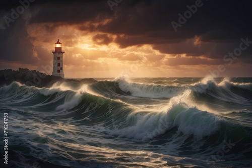 Waves hitting a lighthouse at sunset, seascape with a gloomy sky, generative AI