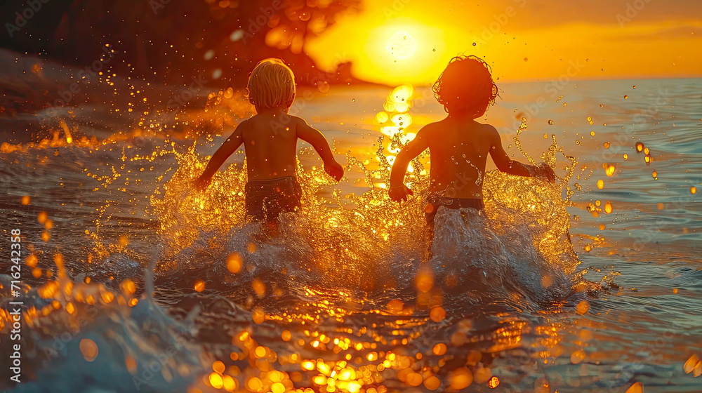 Happy kids having fun and splashing water on the beach at sunset Happy kids having fun and splashing water on the beach at sunset