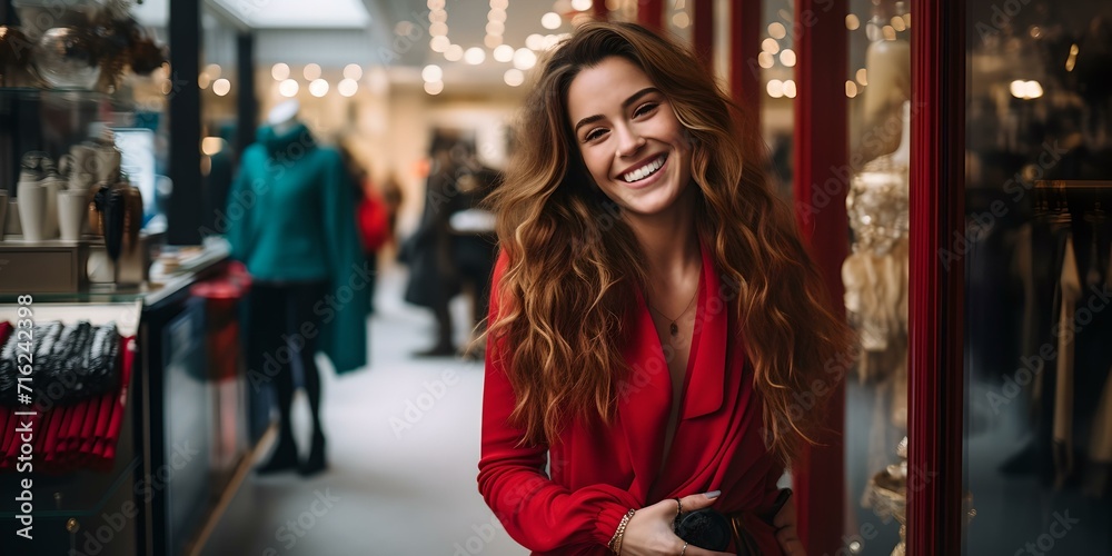 Obraz premium Radiant woman in red enjoying shopping spree. casual urban style. boutique window shopping scene. AI
