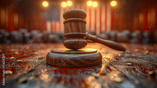 Wooden gavel and usa flag on wooden table. Law concept