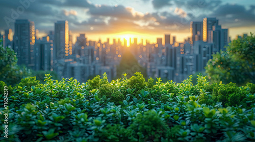 Cityscape with green bush and sunset sky background, natural eco city landscape photo