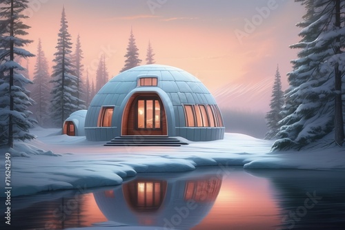 Cozy igloo house camping in winter forest near lake photo