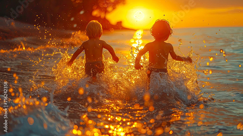 Happy kids having fun and splashing water on the beach at sunset