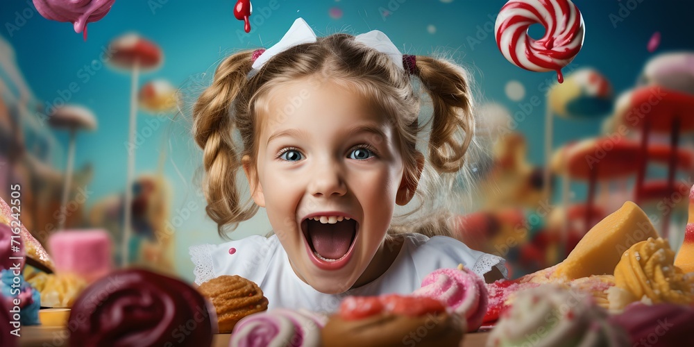 Joyful young girl in a whimsical candy land, excitement and sweets surround her. perfect for children's fantasy themes. AI