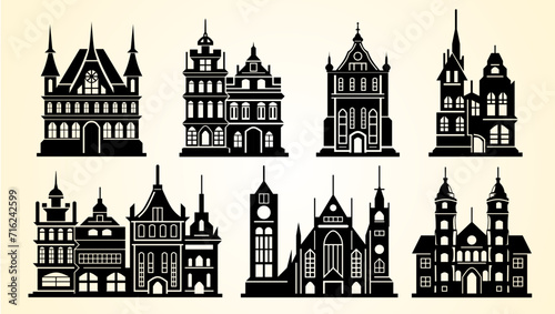 silhouette set of european buildings vector illustration.  photo