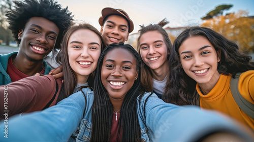 diverse multicultural group young adults taking a selfie, smiling happy friends youth outdoors © SachiDesigns