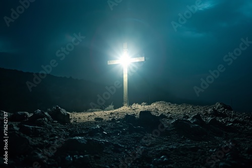 Golgotha. Holy cross shining and symbolizing the death and resurrection