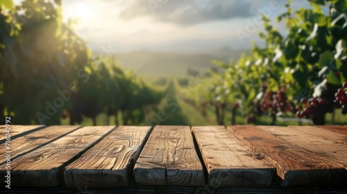 Wooden table in vineyard. Blurred vineyard background. © Christiankhs
