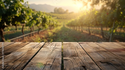 Old wooden table with vineyard background