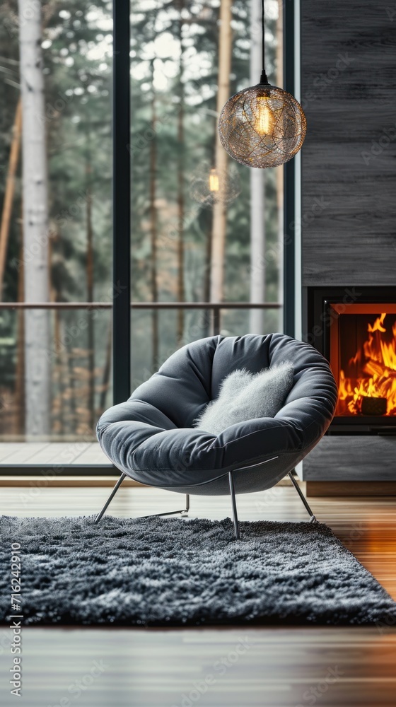 Grey chair by fireplace against a window. Modern living room with Scandinavian interior design.