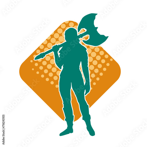 Silhouette of a sexy female warrior in battle armor carrying axe weapon