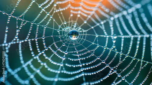 A water droplet clings to a spider's silk, refracting the morning sunlight, encapsulating the delicate architecture of a web and nature's intricate precision