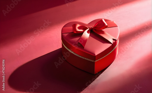 Heart-shaped gift box, nestled on a backdrop of smooth red silk, Valentine's Day, Christmas. Generative AI