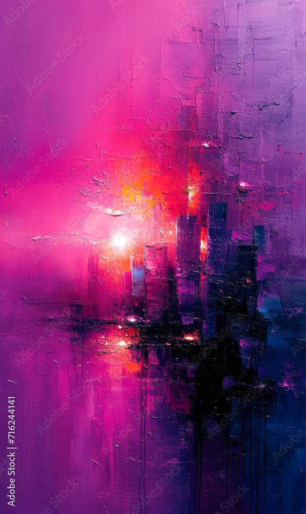 Fototapeta premium Nighttime Cityscape with Grunge Texture, Illuminated Lights, and Nature Elements. Abstract background.