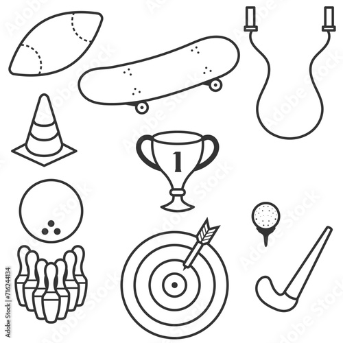 vector icon set complete sports equipment bundle. such as ball, skipping, skateboarding, bowling, basketball, football, athletics and others