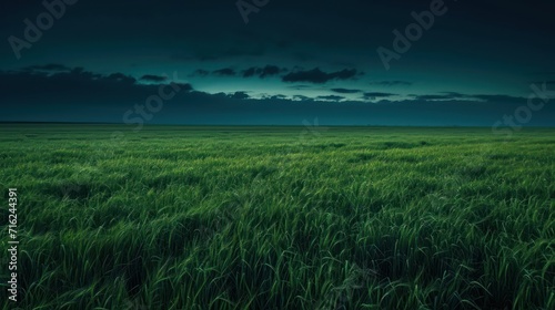 Sunset over green field with clouds in the sky