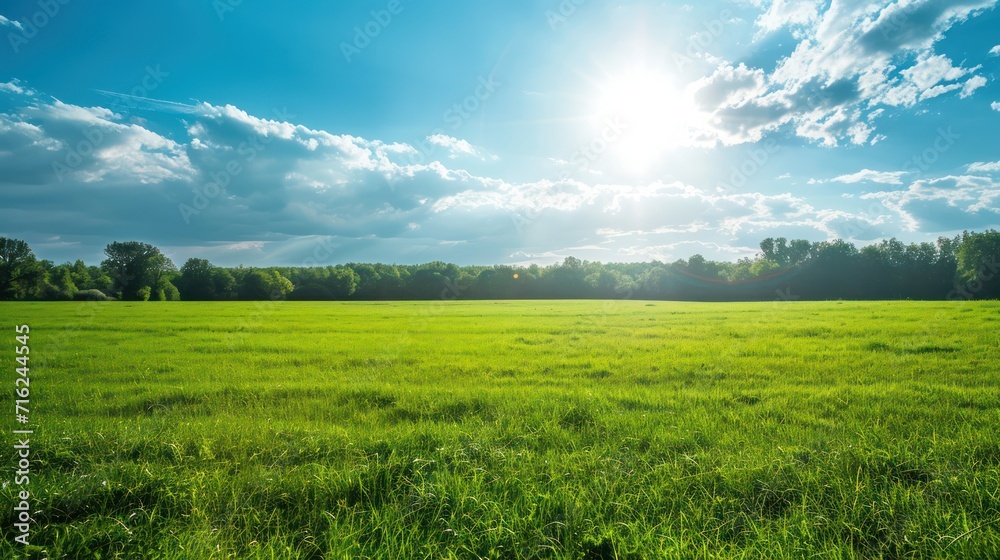 Green meadow under blue sky with white clouds. Beautiful summer landscape.