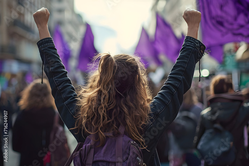 Manifestation on the day of the working woman, fight for equal rights for women, in black and purple tones.