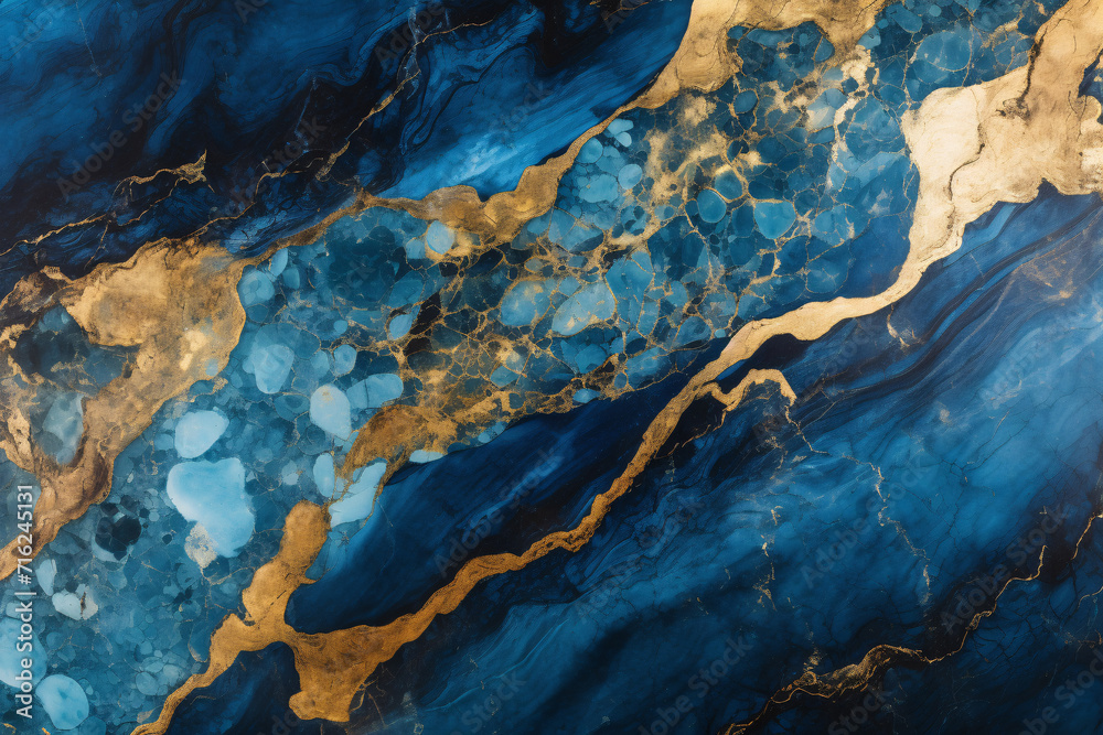 Abstract Blue and Gold Oil Painting with High Textured Marble Background