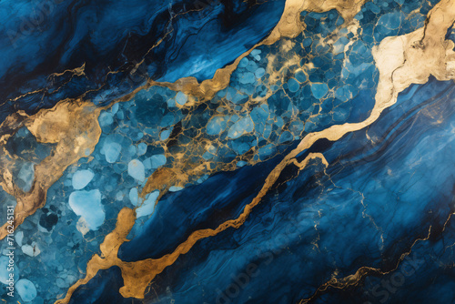 Abstract Blue and Gold Oil Painting with High Textured Marble Background
