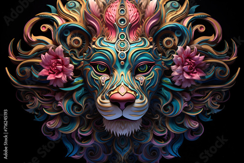 3D DMT Artwork of a Lion Head with Geodesic Patterns