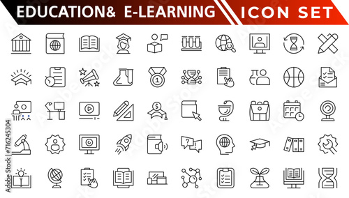 Education and E-Learning web icons in line style. School, university, textbook, learning. Vector illustration