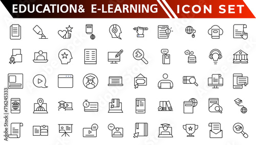 Education and E-Learning web icons in line style. School, university, textbook, learning. Vector illustration