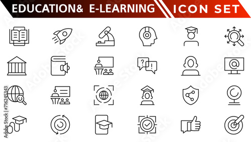 Education and E-Learning web icons in line style. School, university, textbook, learning. Vector illustration