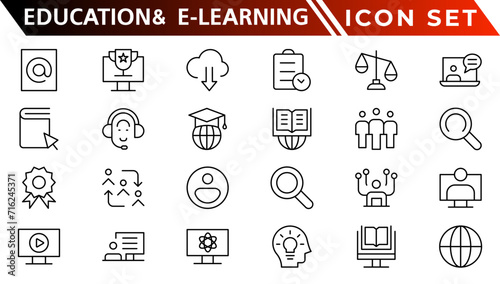 Education and E-Learning web icons in line style. School, university, textbook, learning. Vector illustration