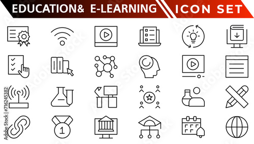 Education and E-Learning web icons in line style. School, university, textbook, learning. Vector illustration