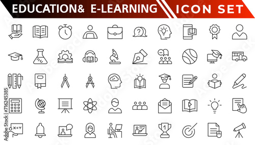 Education and E-Learning web icons in line style. School, university, textbook, learning. Vector illustration