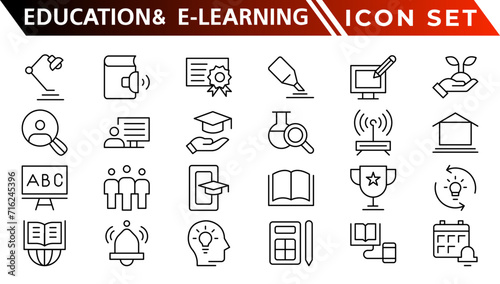 Education and E-Learning web icons in line style. School, university, textbook, learning. Vector illustration