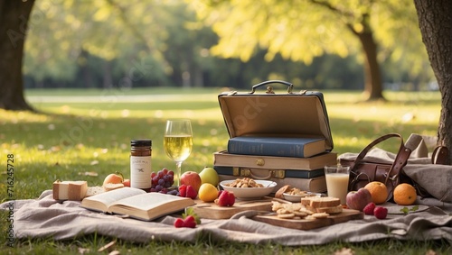 A peaceful solo picnic in the park, with a book and a spread of gourmet snacks Generative AI